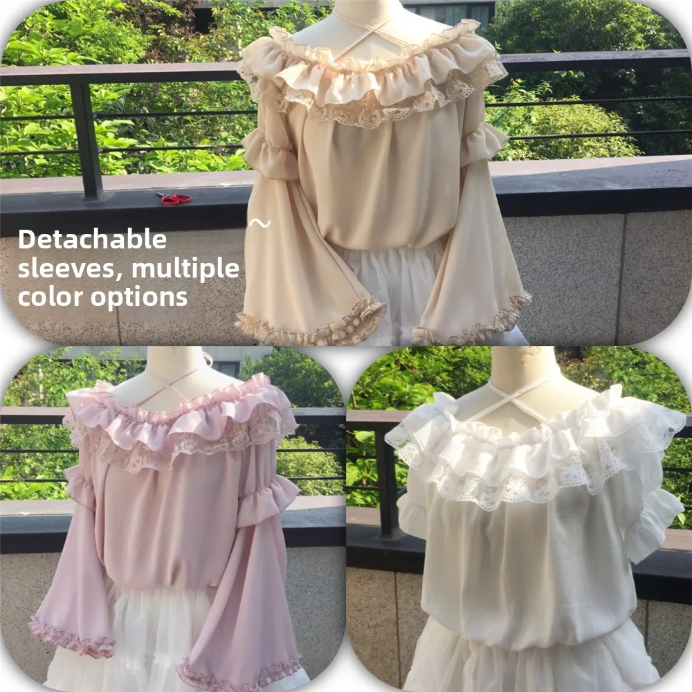 Original Spring Summer Lolita Short Sleeve Detachable Blouse Gored Sleeve Compatible with Various Styles Pure Color Chiffon Top