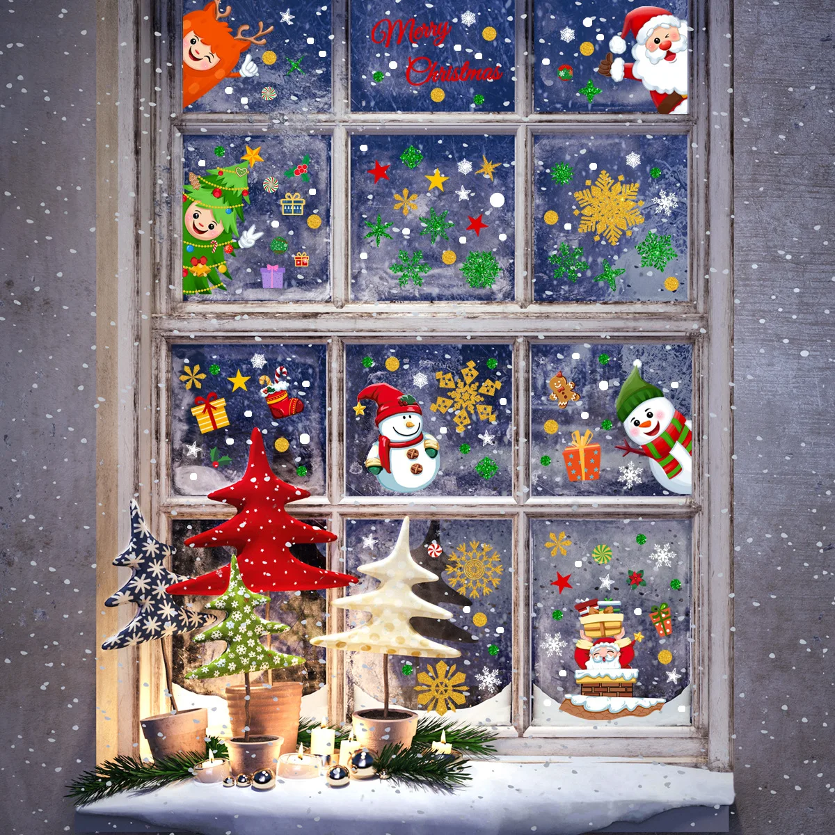 Winter Snowflakes Cling Decoration Set Decals Christams Theme Snowman Santa Candy Gift Double Visual Window Stickers Festival