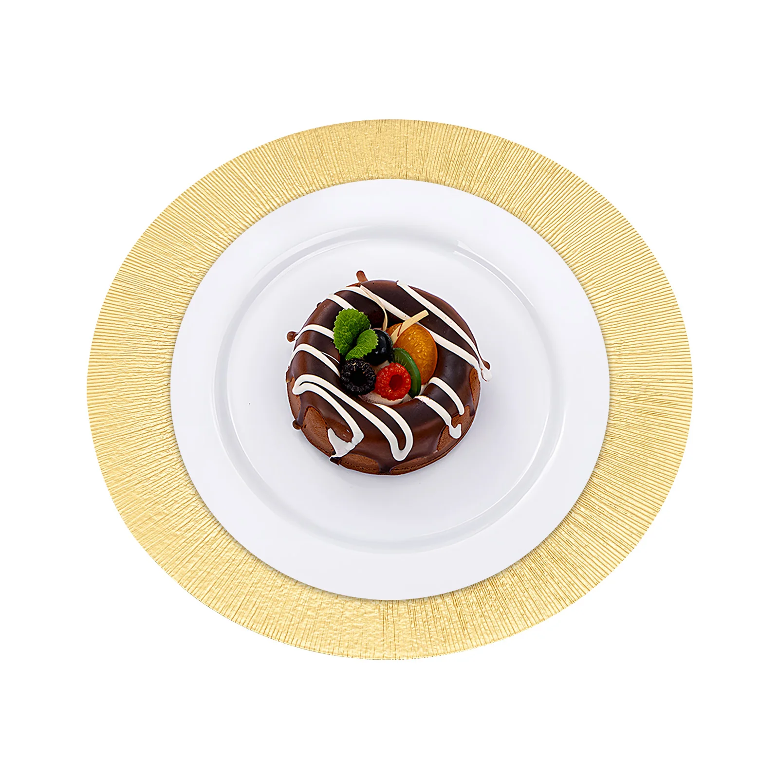 Gold Decorative Under Dinner Plate PP Sprayed Surface Impact Resistant Lightweight Stackable Design Hand Wipe Only Birthday Baby Shower Camping Picnic Catering Table Setting Charger Dish