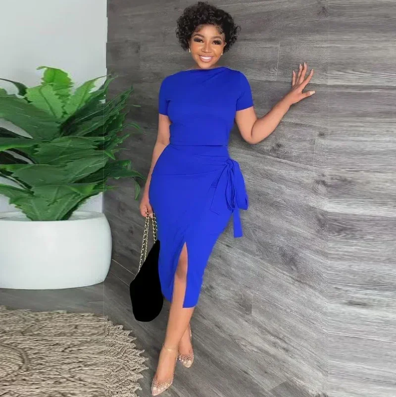 

GUWU Tassel Splicing High Side Split Asymmetrical Midi Skirt Suit and T-shirt Two 2 Piece Set Elegant Women Summer Outfit