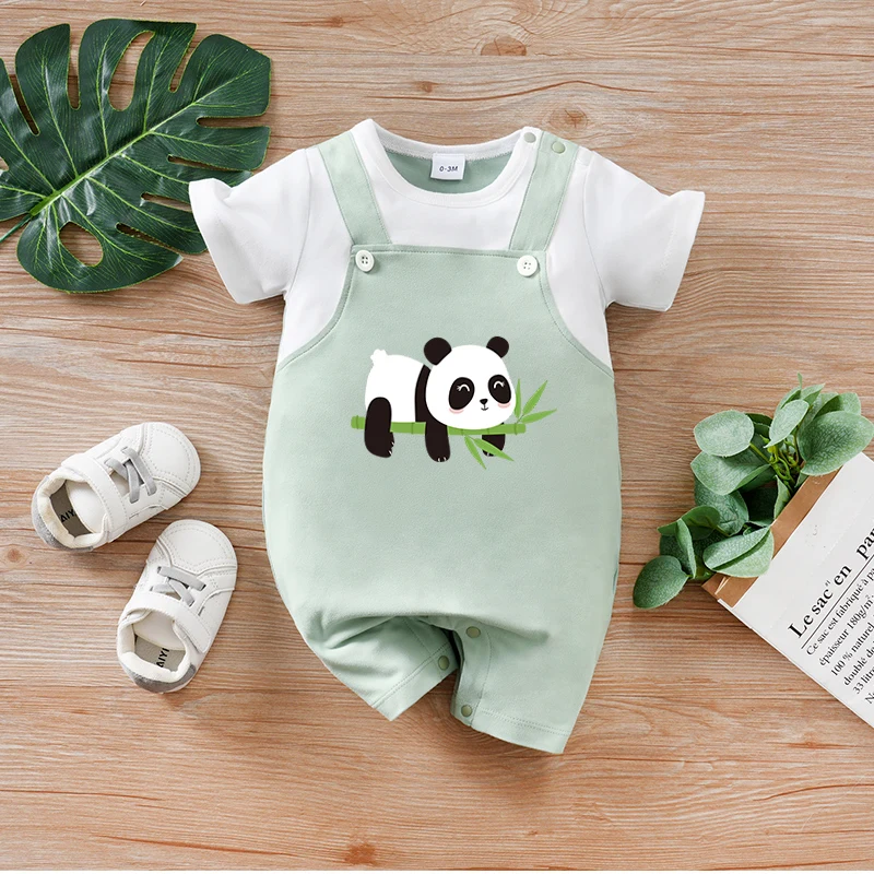 Newborn boys, girls and babies summer leave 2 pieces braces and pandas eat bamboo, short-sleeved round-neck jumpsuit