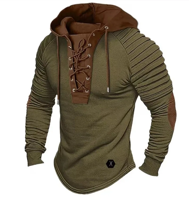 2024 New Autumn Winter Men\'s Solid Color Casual T-shirt Top Long Sleeved Shirt Slim Fit Pleated Hood Street Vacation Sweatshirt