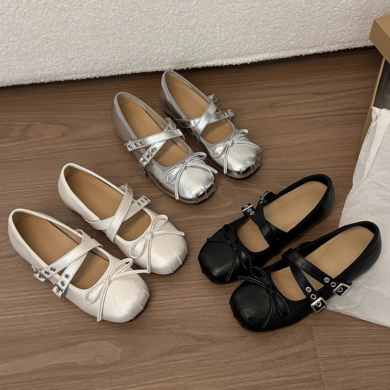 Women's Mary Jane Ballet Flats Square Toe Metallic Look Shine Multi Strap Buckle Bow Detail Dressy Casual Daily Walking Shoes