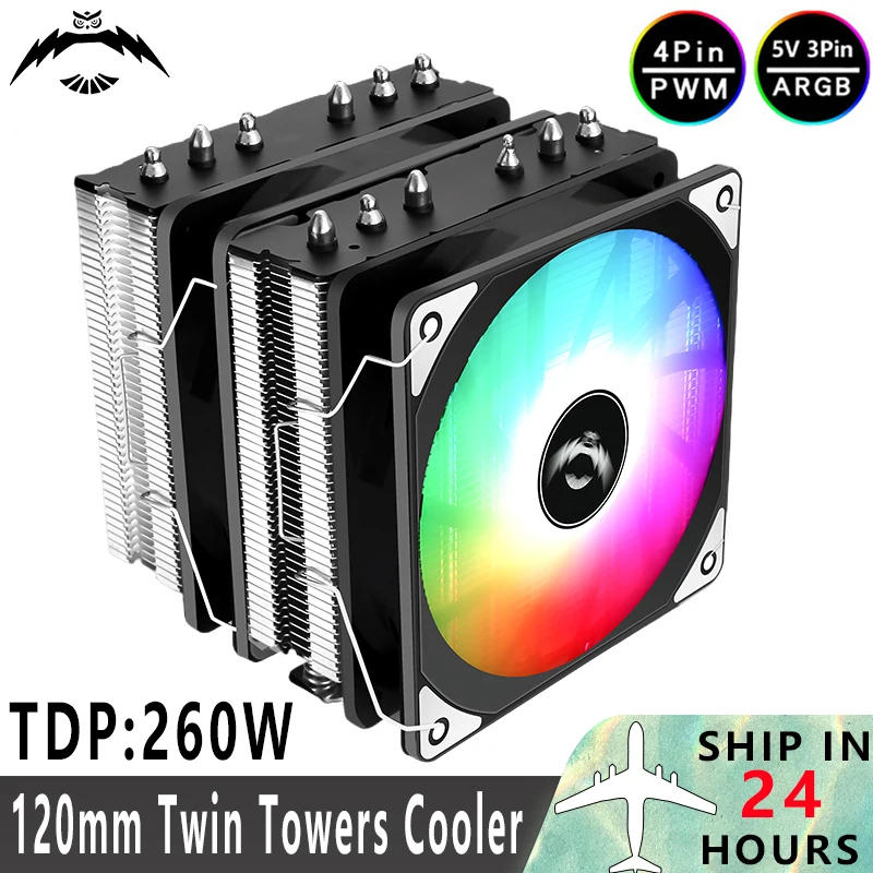 

QiuzAim CPU Cooler Compatible 18xx 1700 1200 115x 2011 x99 AM4 AM5 Nickel Plated 6 Copper Tube Twin tower 120mm Argb Fan Server