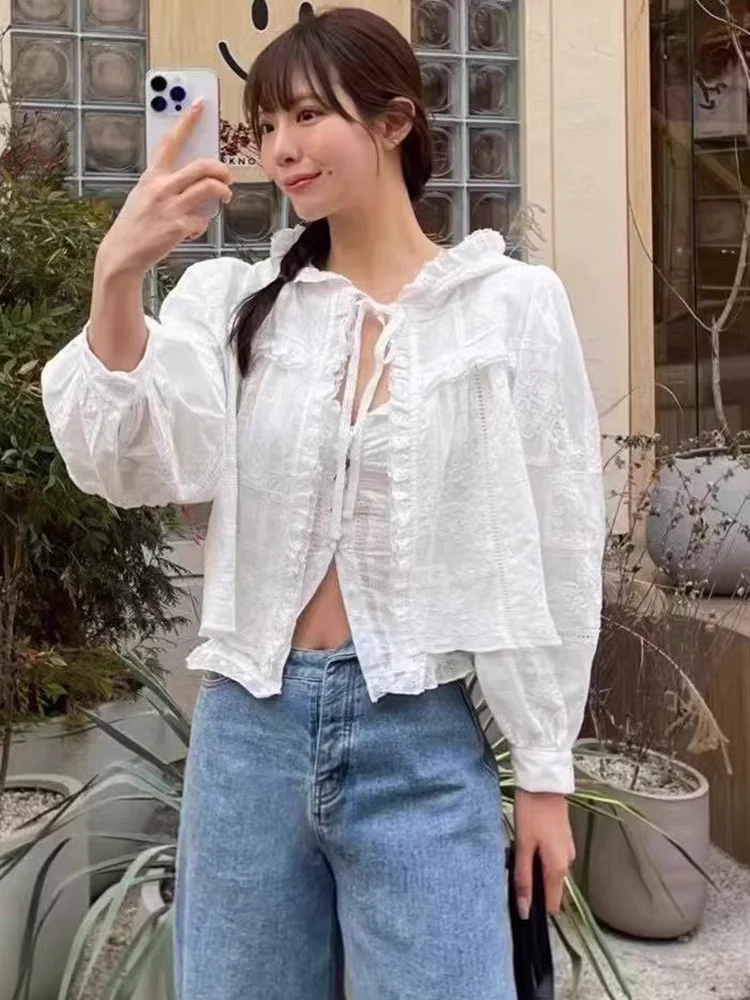 

Белая блузка, женские пальто, кружевные бандажные рубашки с капюшоном, 2021, Blusas Mujer De Moda, укороченные топы, шикарные летние прозрачные блузки, куртки