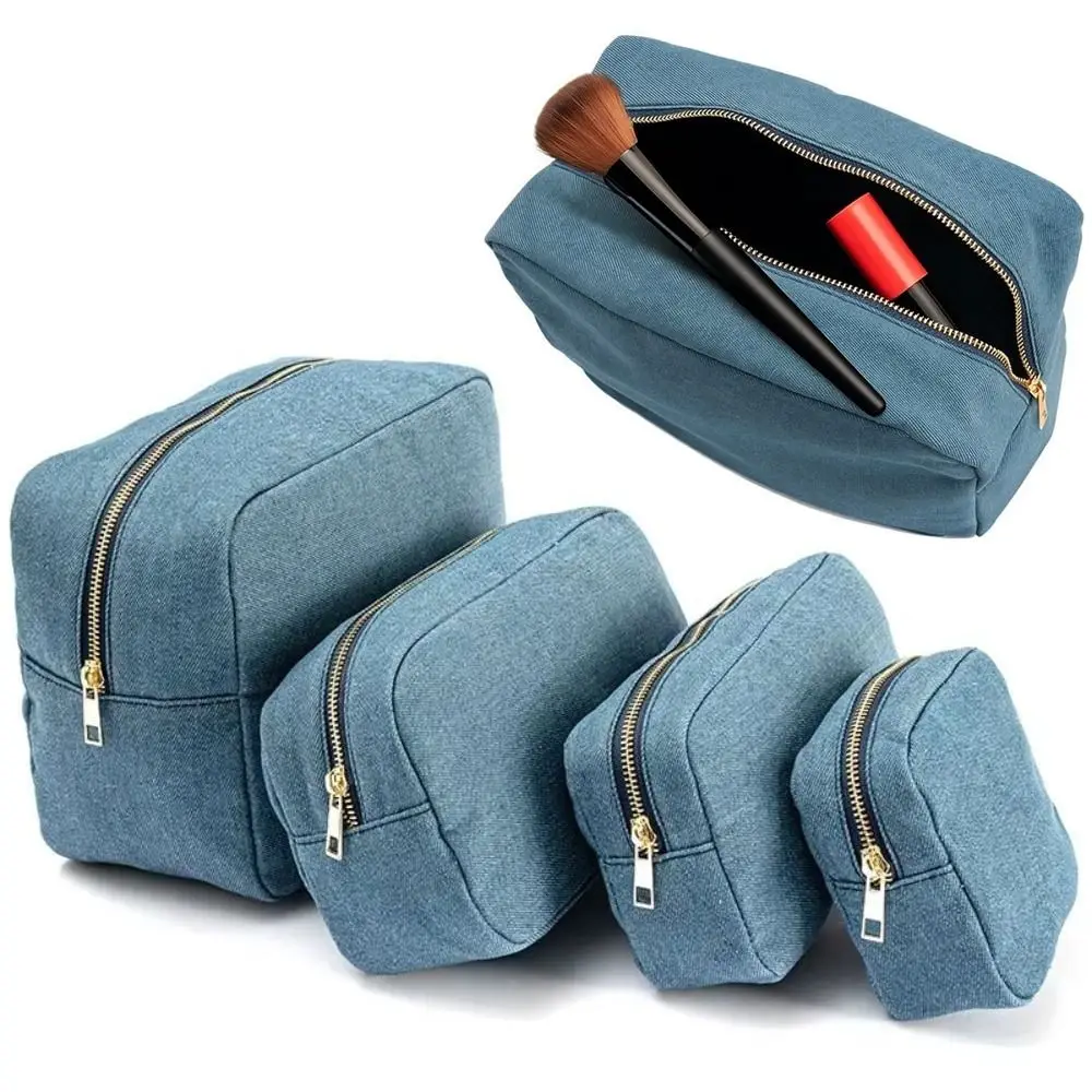

4 Sizes Blue Denim Cosmetic Pouch with Zipper Vintage Travel Storage Bag Solid Color Stationery Organizer Ladies Makeup Bag