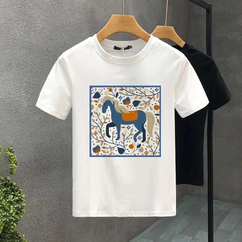 Cute Horse Style Luxury Brand Cotton Letter Print Couple Tees Summer Harajuku MenWomen Short Sleeve T-shirt Asian Size