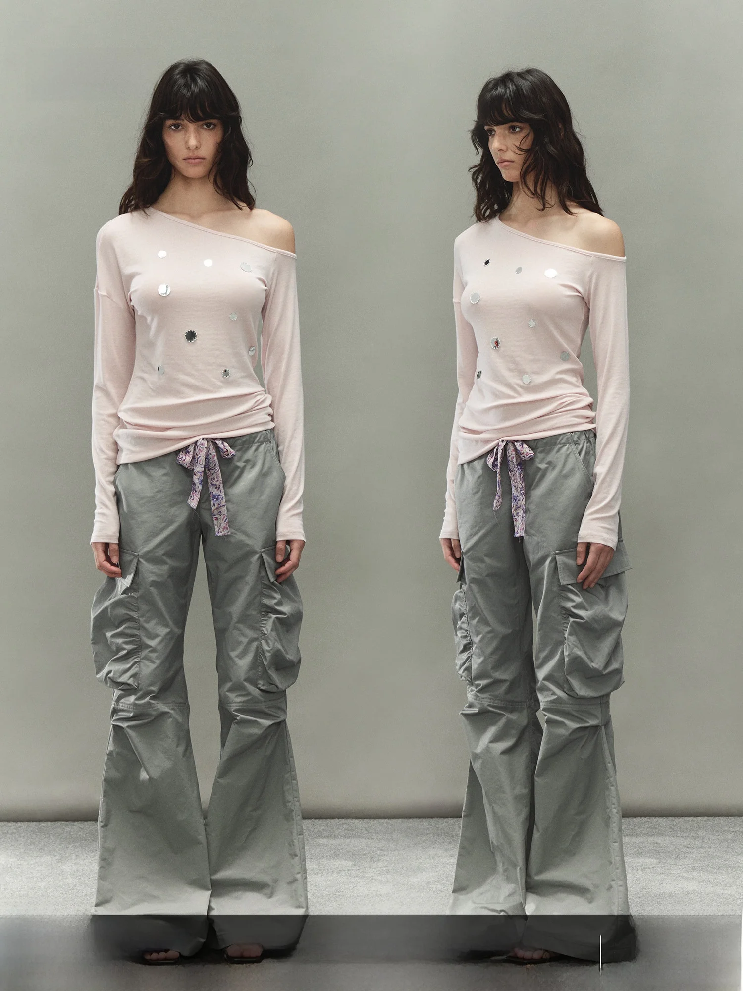 

PRRP Larsey Linen Loose Lazy Feel Asymmetrical oulder Long Sve T-irt Hand Sewn iny Sequins Women's Casual Top