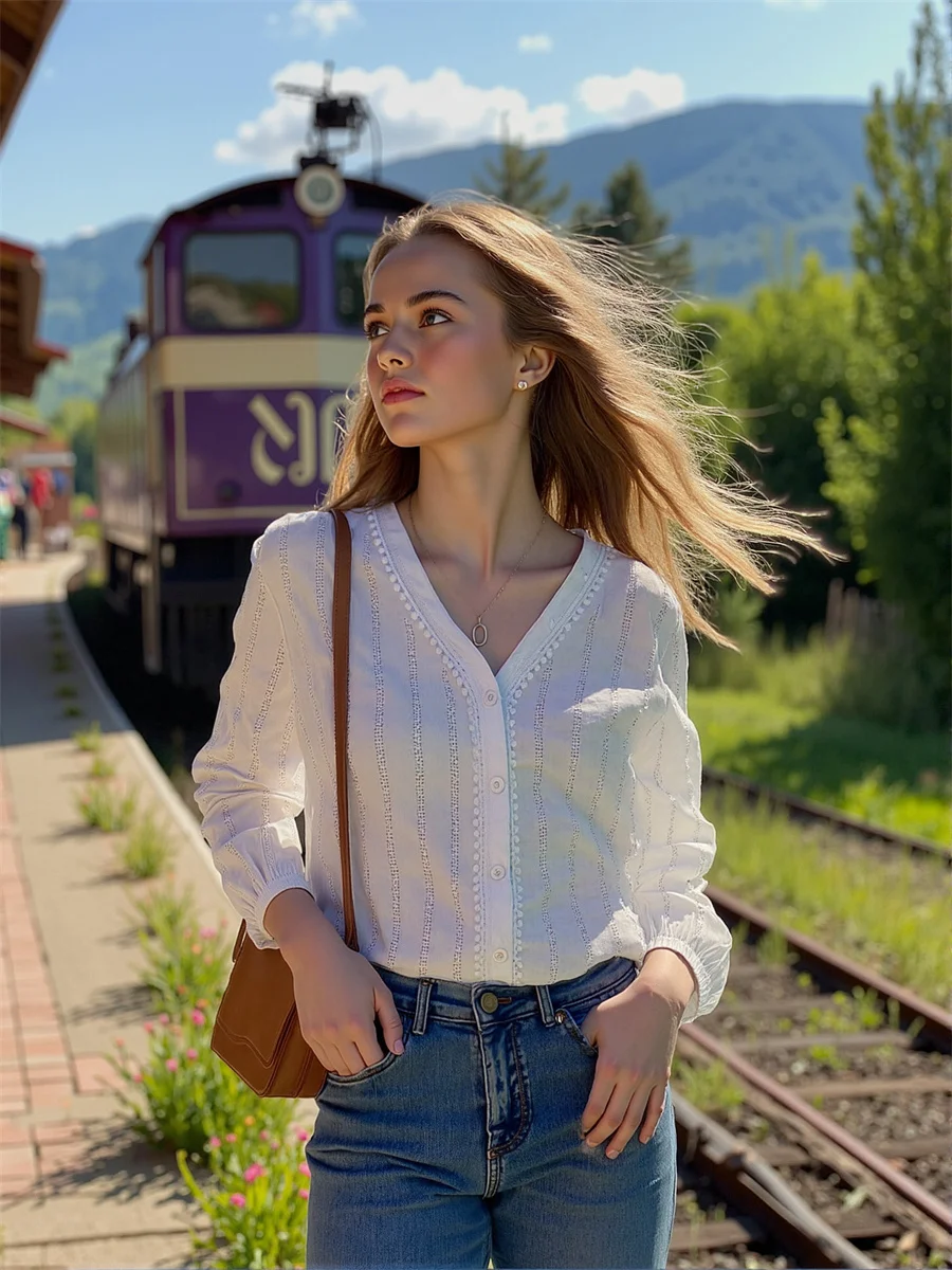 

Long Lantern Sleeve Women Elegant Shirts Pearls Beading Button Up Cotton Simple Basic Minimalist Fashion Tops Blouses Casual