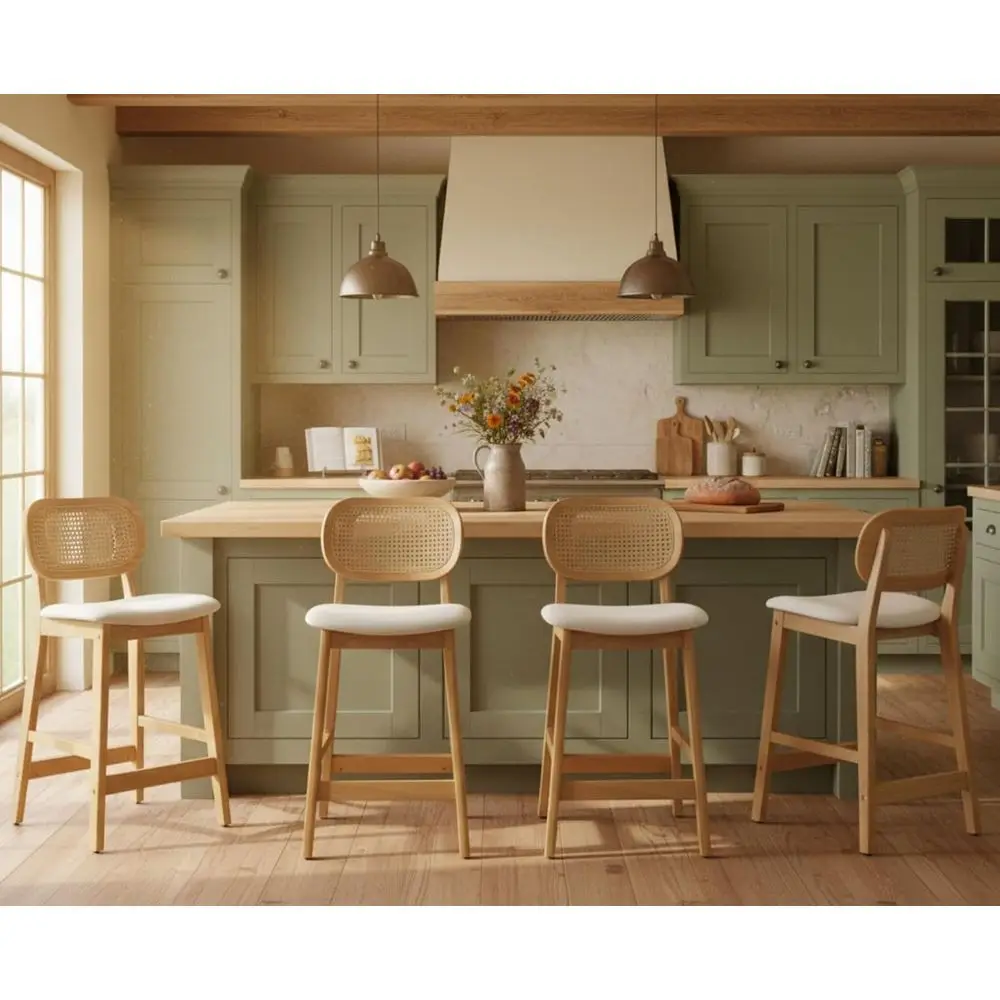 

Counter Height Bar Stools Set of 4, Upholstered Armrest Chairs with Cane Back, Boho Style, Linen Beige