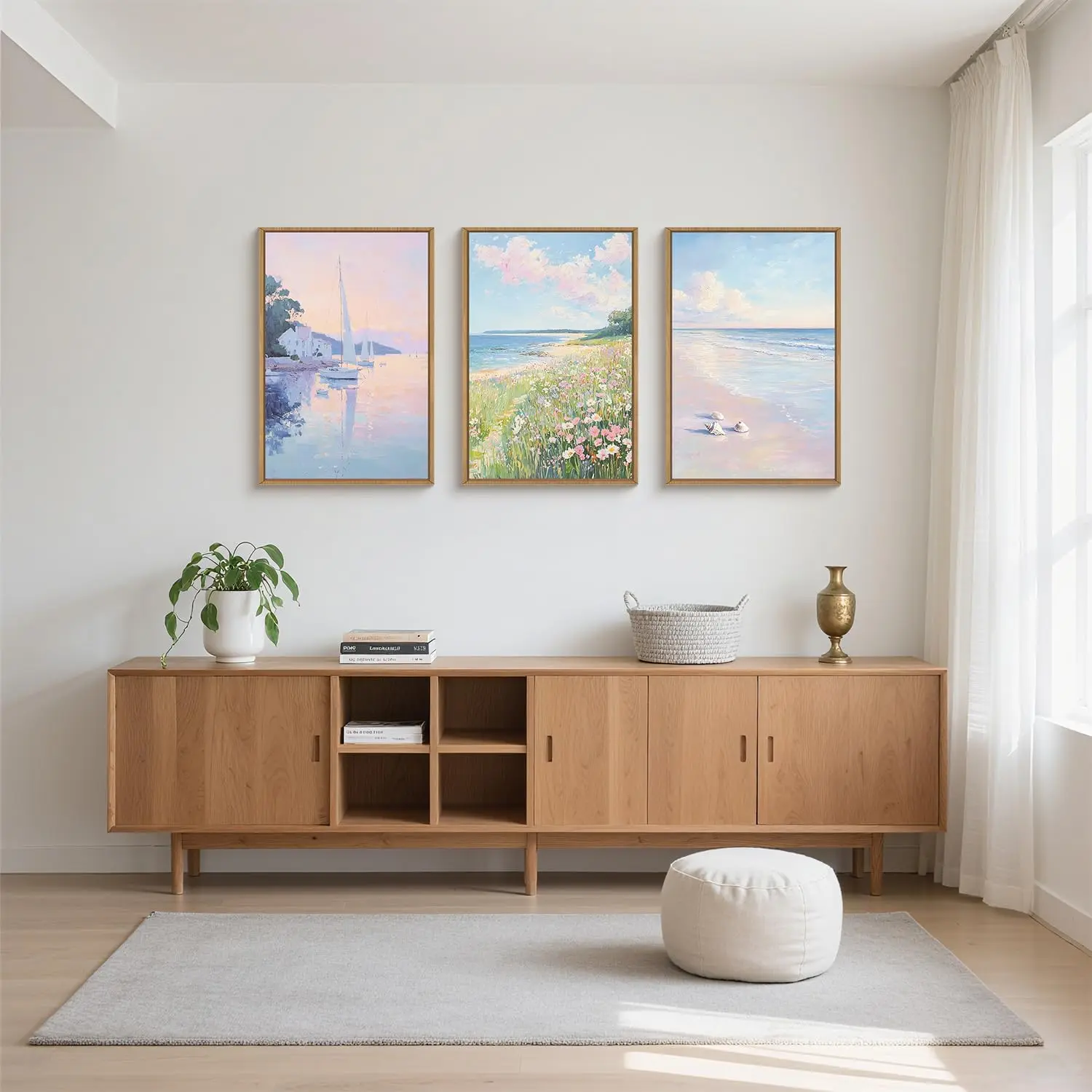 

3pcs Watercolor Pink Sailboat Canvas Wall Art Summer Coastal Wildflowers Natural Sea View Living Room Bedroom Home Decoration