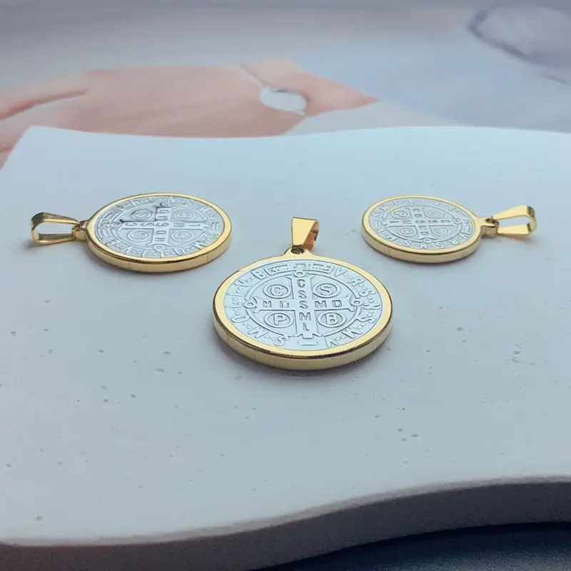 Religious Round Metal Medal Stainless Steel Jesus Cross Saint Benedict Pendants Charms For Jewelry Making Necklace Accessories