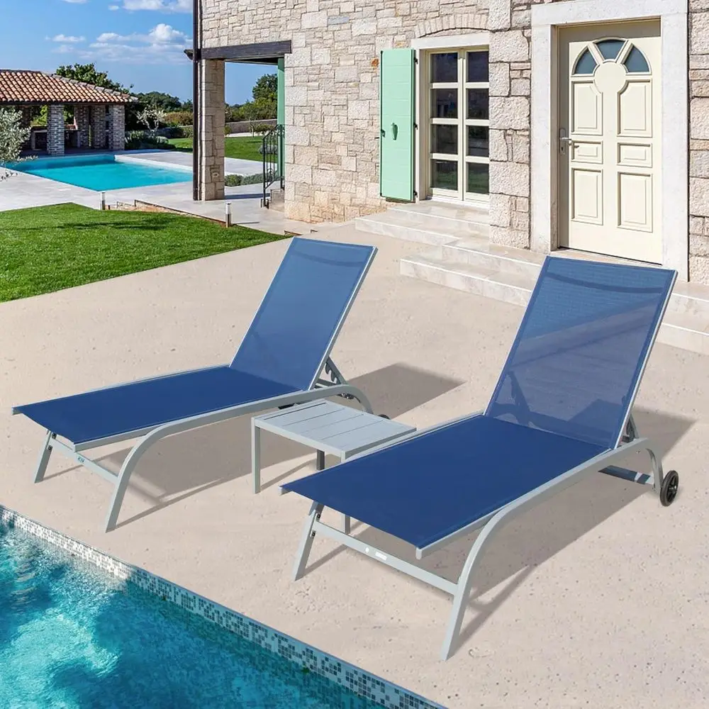 

Wheeled Patio Lounge Chair Set of 3, Metal Frame with 5-Position Adjustable Recliner, Suitable for Porch, Beach, Pool, Yard, Nav