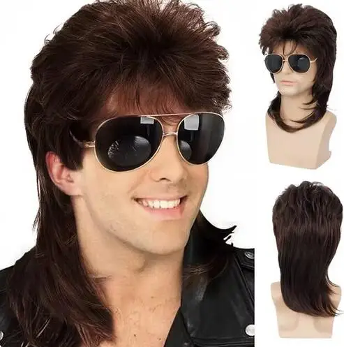 Synthetic Hair Sallcks Mens Mullet Wigs Brown Curly 70s 80s Retro Cosplay Costume Wig Rocker Disco Fancy Show Wigs