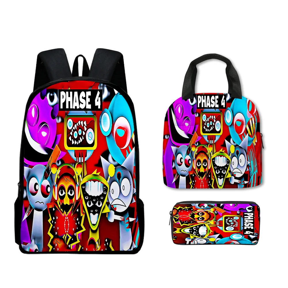 Moda popular engraçado clássico sprunki 3d impresso 3 pçs/set aluno sacos de escola portátil mochila almoço saco lápis caso