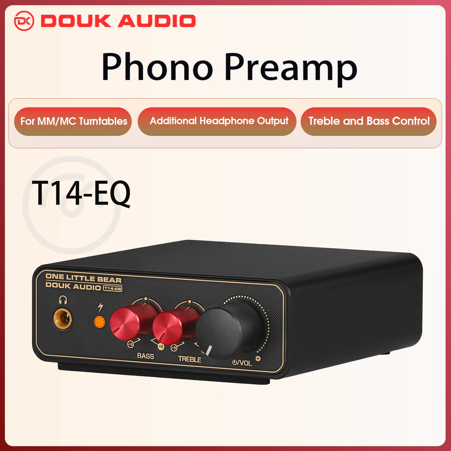 Douk Audio T14-EQ 스테레오 RIAA MM MC 포노 스테이지 프리앰프, 홈 턴테이블 프리앰프, 3.5mm 헤드폰 앰프 포함