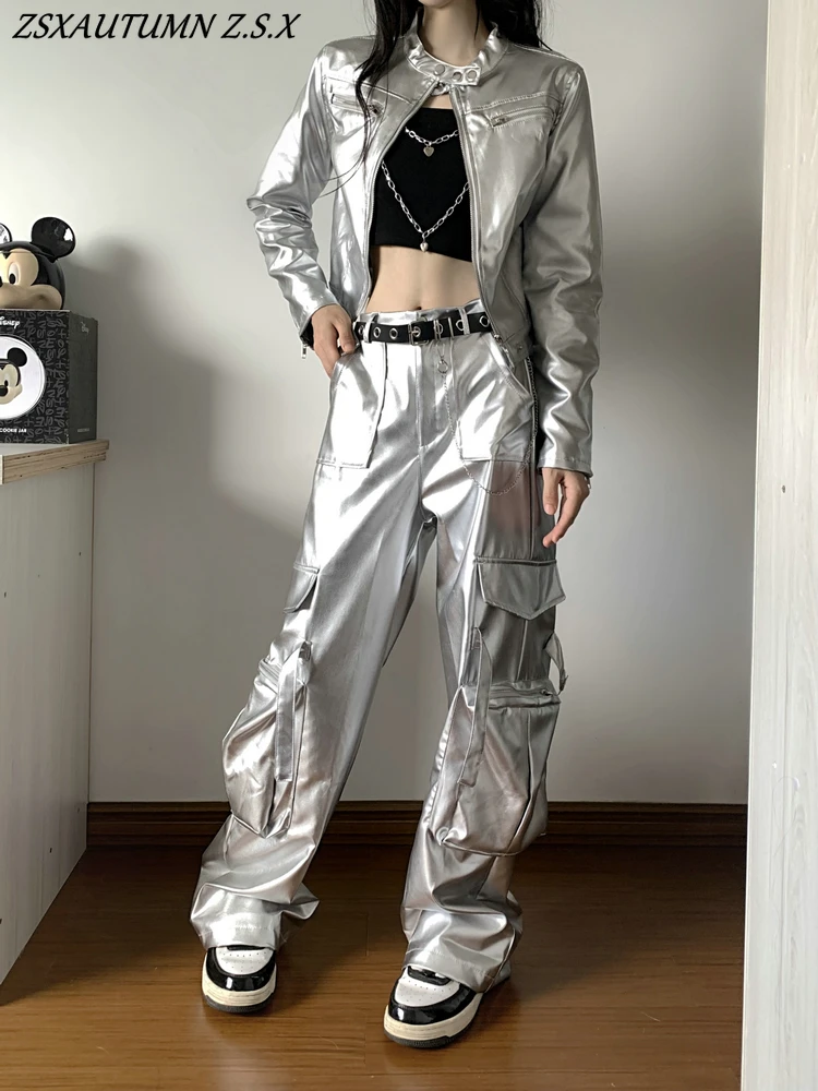 Girl Motorcycle Style Bright Silver Hip Hop Big Pocket Cargo   Pants American Y2k Streetwear Cool Long Sleeve Coat Women Casual