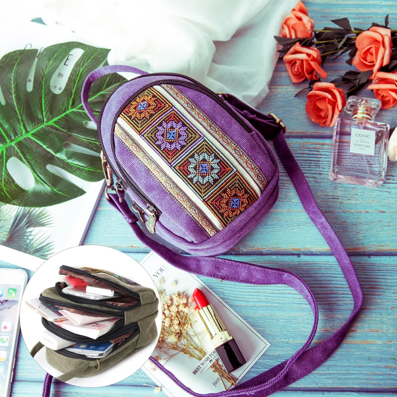 

Fashion Women's Canvas Bag Three layer Cross stitch Backpack Messenger Bag Handbag Embroidery Wallet Retro Mini Canvas Bag