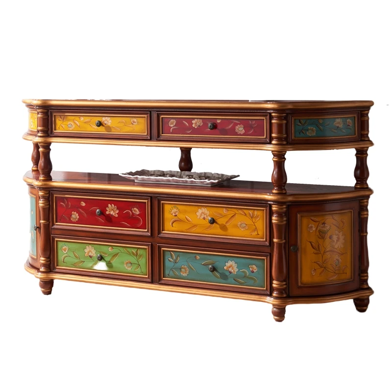 European-style entrance cabinet table American-style country dining side cabinet Solid wood retro painted end view table Sofa ba