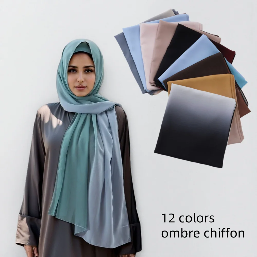 

Женский шифоновый шарф с эффектом омбре, градиентный двухцветный платок с пузырьками, дышащий легкий длинный хиджаб в этническом стиле, повязка на голову Mujer