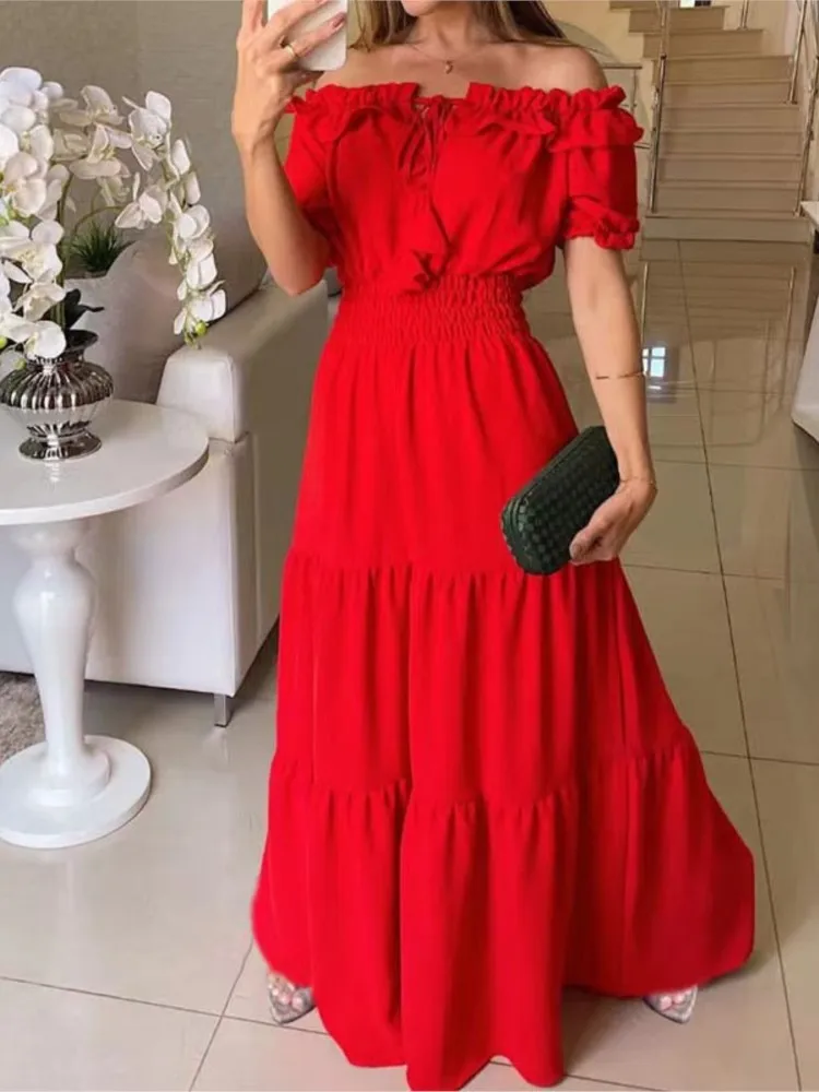 Vestido verde de verano para mujer, moda elegante, manga corta, volantes, Maxi Vestidos informales para mujer, vestido suelto de oficina, nuevos