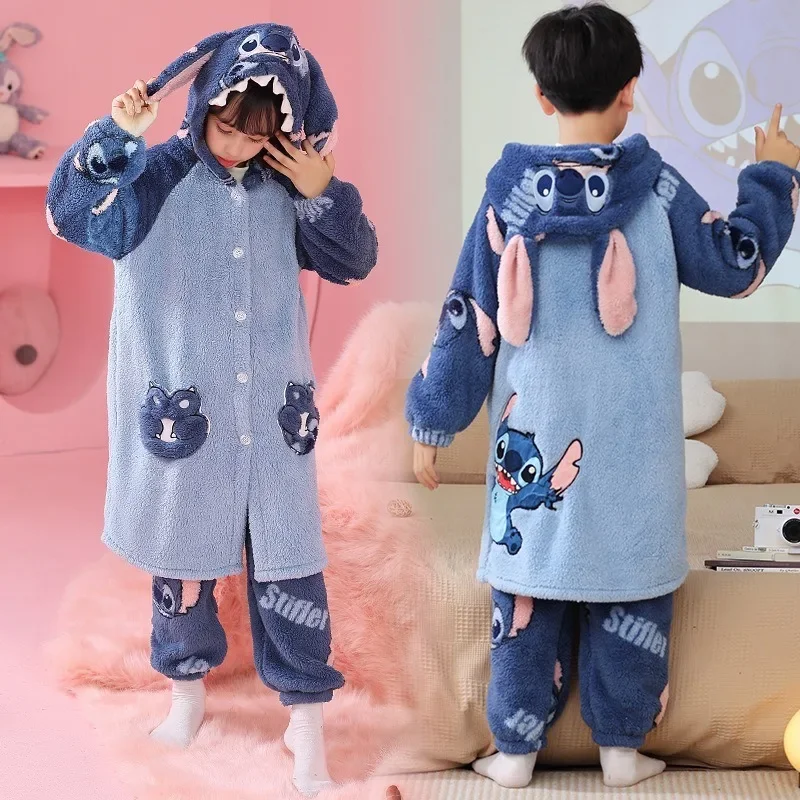 Disney Stitch Children\'s Pajamas Girls Winter Girl Set Loungewear Pajama Sets Child Sleepwear Robe Clothing Mother Kids