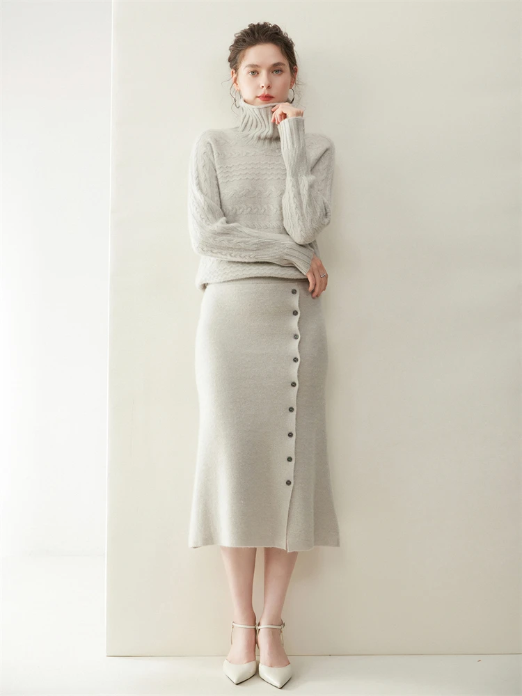 

2025 Woman Luxury Quality Half Skirt Suit Turtleneck Two Piece Set Sweater Autumn Winter Jacquard 100% Cashmere Knitted Pullover