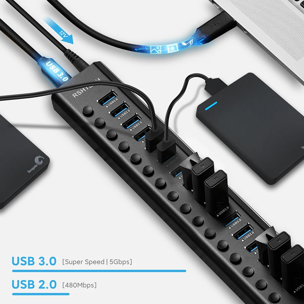 7/10/13/16 พอร์ต USB Hub อลูมิเนียม USB 3.0 Data Hub Expander พร้อมสวิตช์เปิด/ปิดส่วนบุคคลสําหรับแล็ปท็อป MacBook Splitter