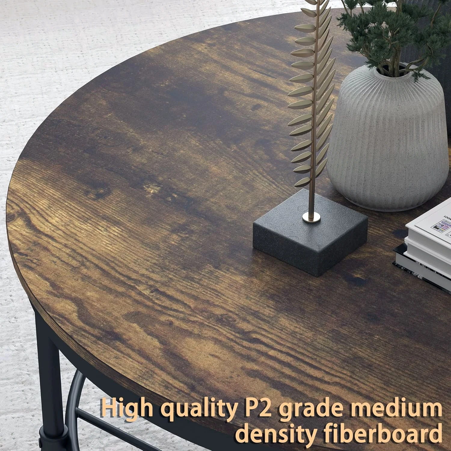 2-Tier Round Coffee Table, Industrial Coffee Table for Living Room, Wooden Rustic Accent Table with Open Shelf Storage, Brown