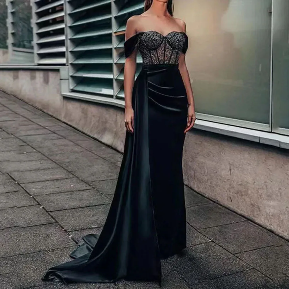 Sexy Backless Evening Party Dress for Women Prom Dress Black Lace Chest Wrapping Off the Shoulder Split Mermaid Maxi Dresses