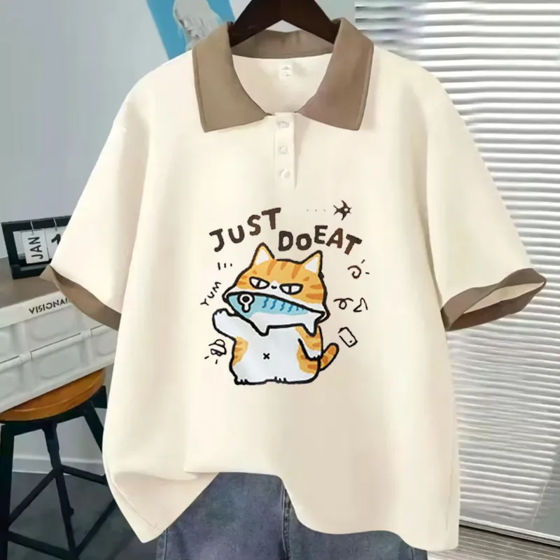 เสื้อยืดแขนสั้นโปโลญี่ปุ่นฤดูร้อน - พิมพ์การ์ตูนน่ารักเรียบง่ายหลวมพอดีขนาดใหญ่