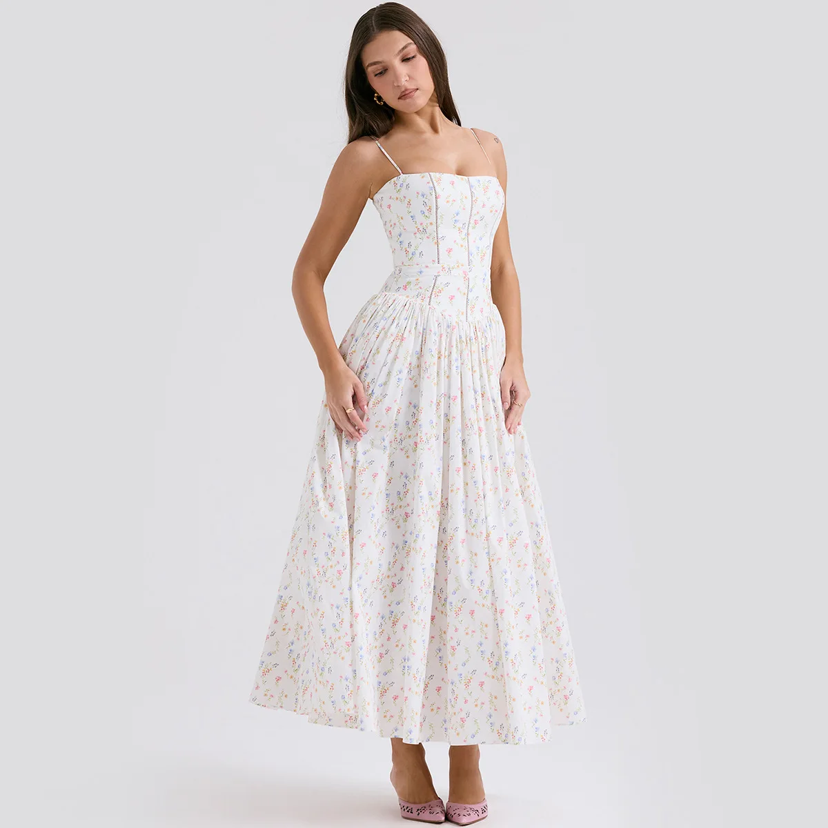 ICCLEK Floral Maxi Sundress In White Floral Print Back-Zip Closure Square Neck Adjustable Straps Abiti Estivi Donna Abiti Midi