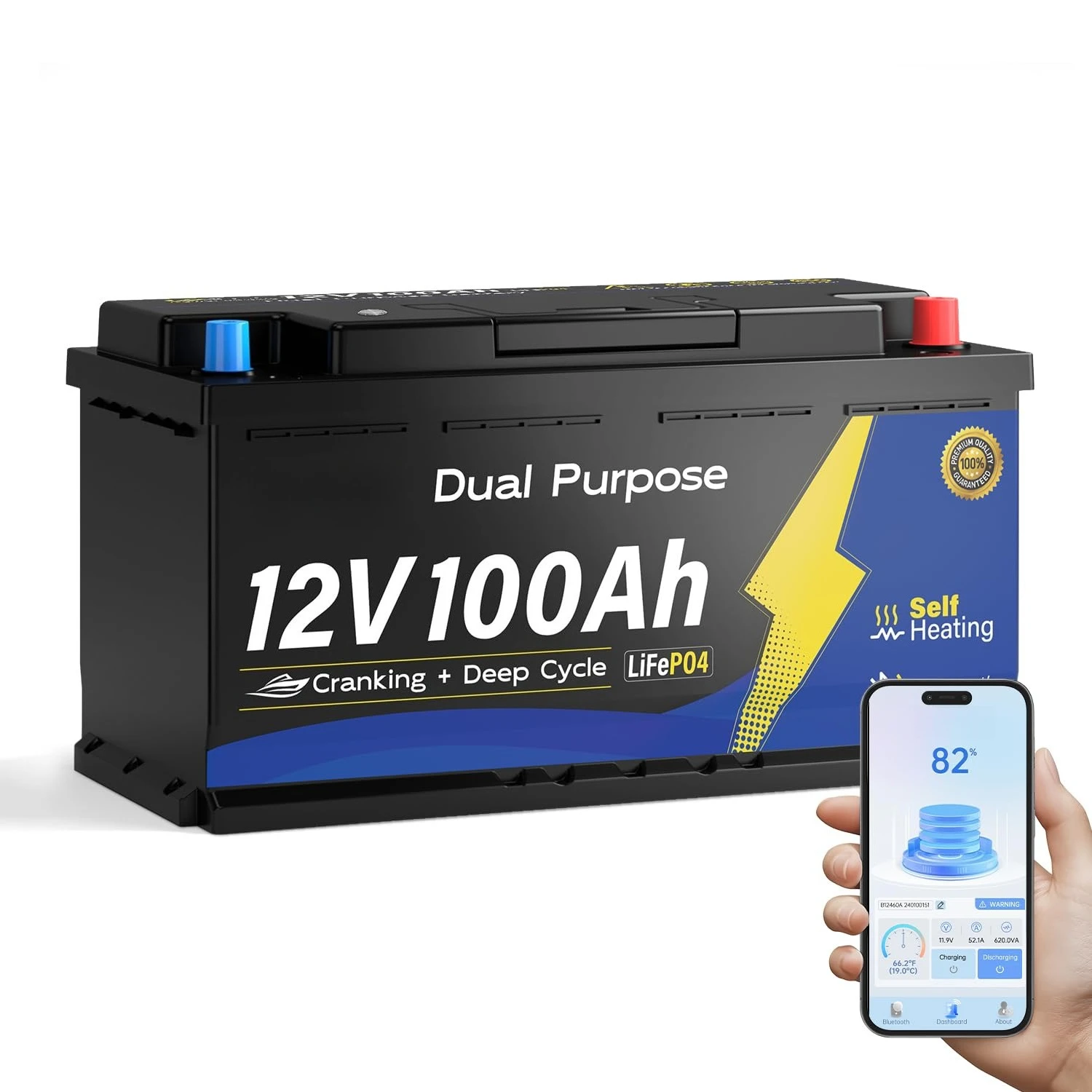 

Литиевая батарея LiFePO4 12В 100Ач двойного назначения для морского применения, с Bluetooth, 1200CCA / 1500MCA, для запуска двигателя, настраиваемая