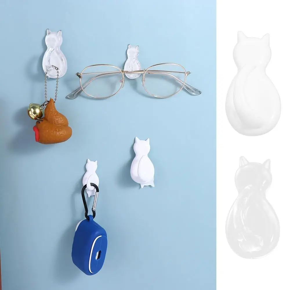 2 Pcs Transparent Cat Shape Wall Hook Multifunctional Self-adhesive Plastic Cat Key Holder Decorative Waterproof Cat Hooks Home