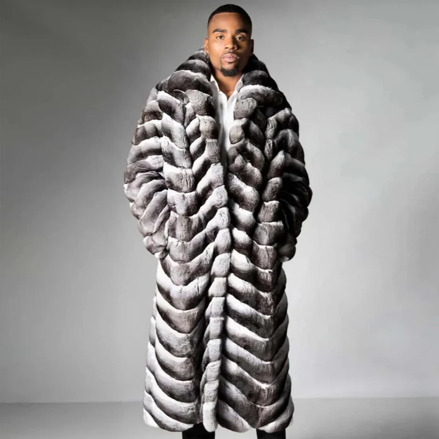 Rex Rabbit Coat Full Skin Real Fur Jackets Men Fur Coat Extra Long Winter Jacket High Quality Warm Luxury