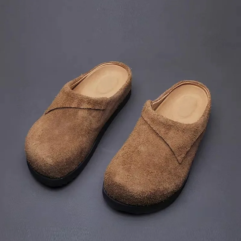 

European Designer Retro Cowhide Slip on Slippers Men's Fashion Loafers Genuine Leather Half Slippers Male Commuting Shoes Summer