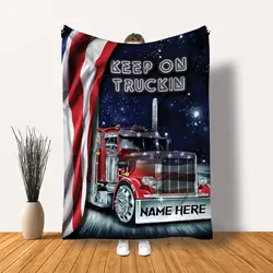 Personalized Truck Blanket with Name, Custom Trucker Sherpa Fleece Throw Blankets, Truck US Flag Blanket, Gifts for Trucker