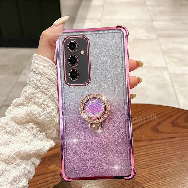 Gorgeous Round Jewelry Glitter Luxury Ring Phone Holder Case On For Samsung Galaxy S24 Girl Woman Used Anti-knock Back Cover