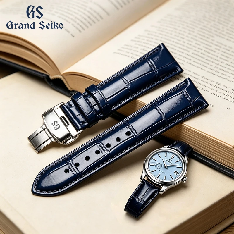 GrandSeiko Men's And Women's Watch Band Cream Face Shinano Blue Snowflake SD SBGA407G  Double Buckle Leather Strap