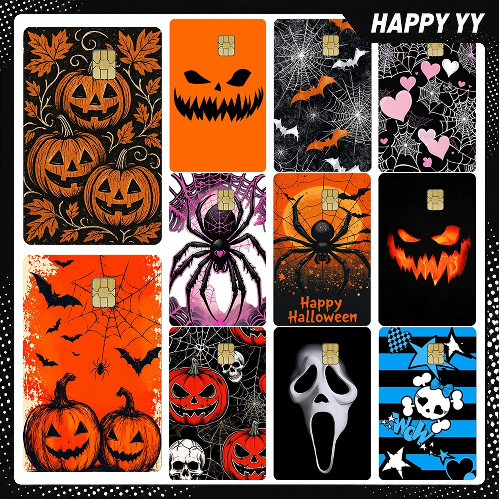 Halloween Chip Card Sticker Pumpkin Ghost Spider Web Bank Card Skin Cover Decorative Sticker for Credit Debit Transit Cards