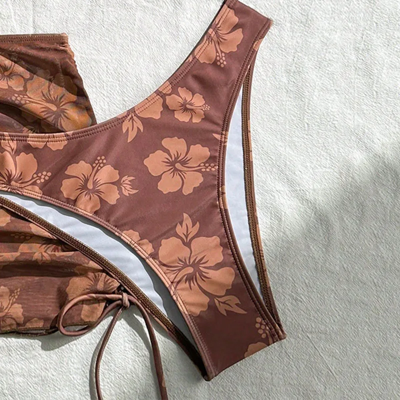 Ensemble de bikini triangle à imprimé floral marron, 3 pièces, jupes en maille, Cover-Up pour les maillots de bain, maillot de bain Sexy pour femmes, 2025