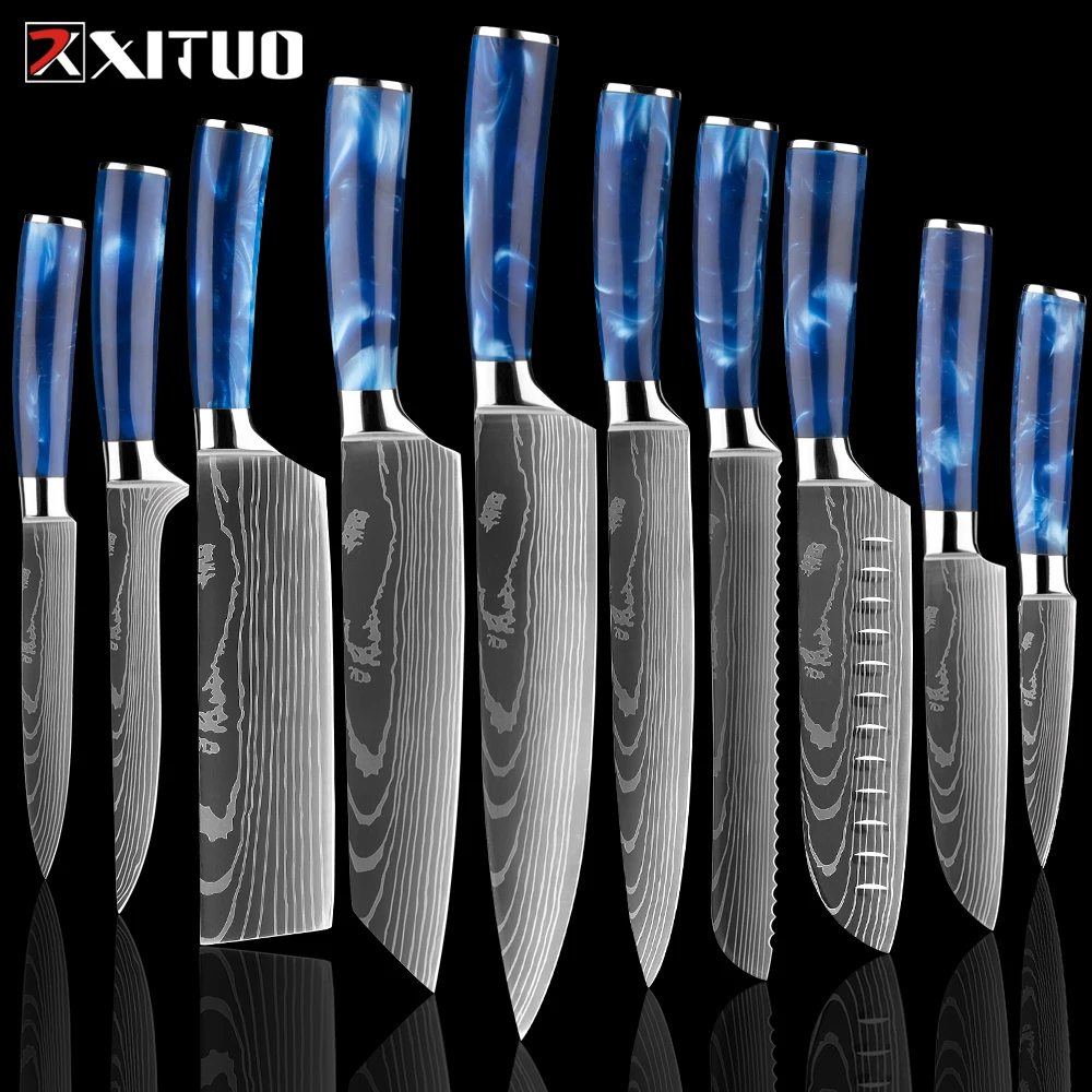 XITUO Chef Knife ultra-sharp Kitchen Knives Santoku Knife Resin Handle Laser Damascus Steel pattern Sharp Cleaver Slicing knife