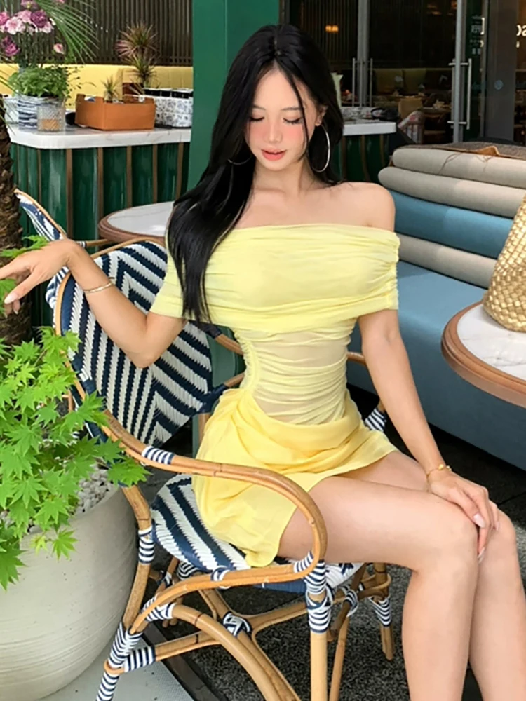 RORORIRI Desire 쉬어 메쉬 컷 아웃 미니 드레스 여성 원 숄더 Pleated 솔리드 슬림 스트레치 Bodycon Dress 여름 휴가 의류