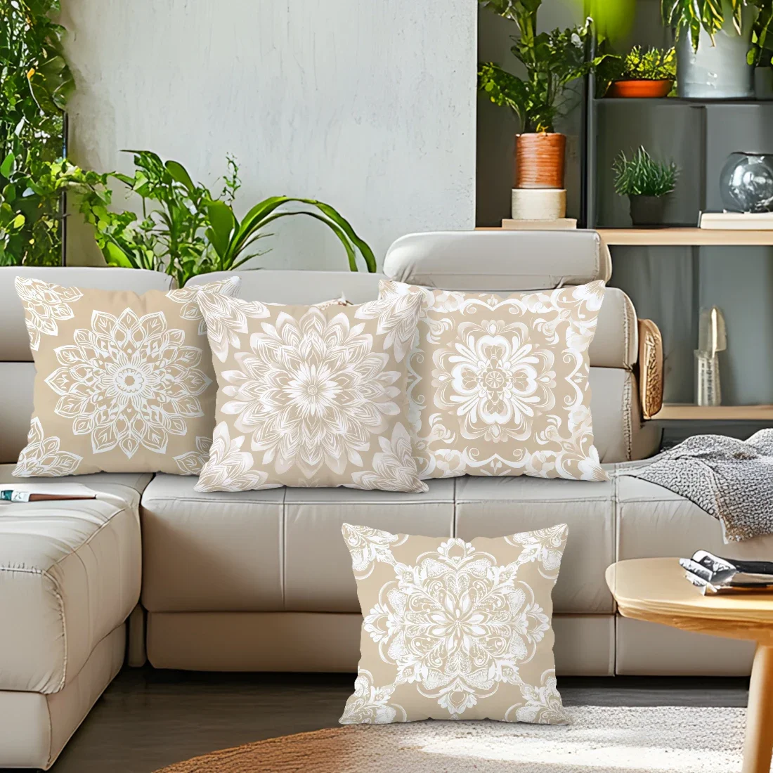4 fundas de cojín con estampado de una sola cara de Mandrake, color beige y blanco, adecuadas para decoración de sala de estar, dormitorio y coche