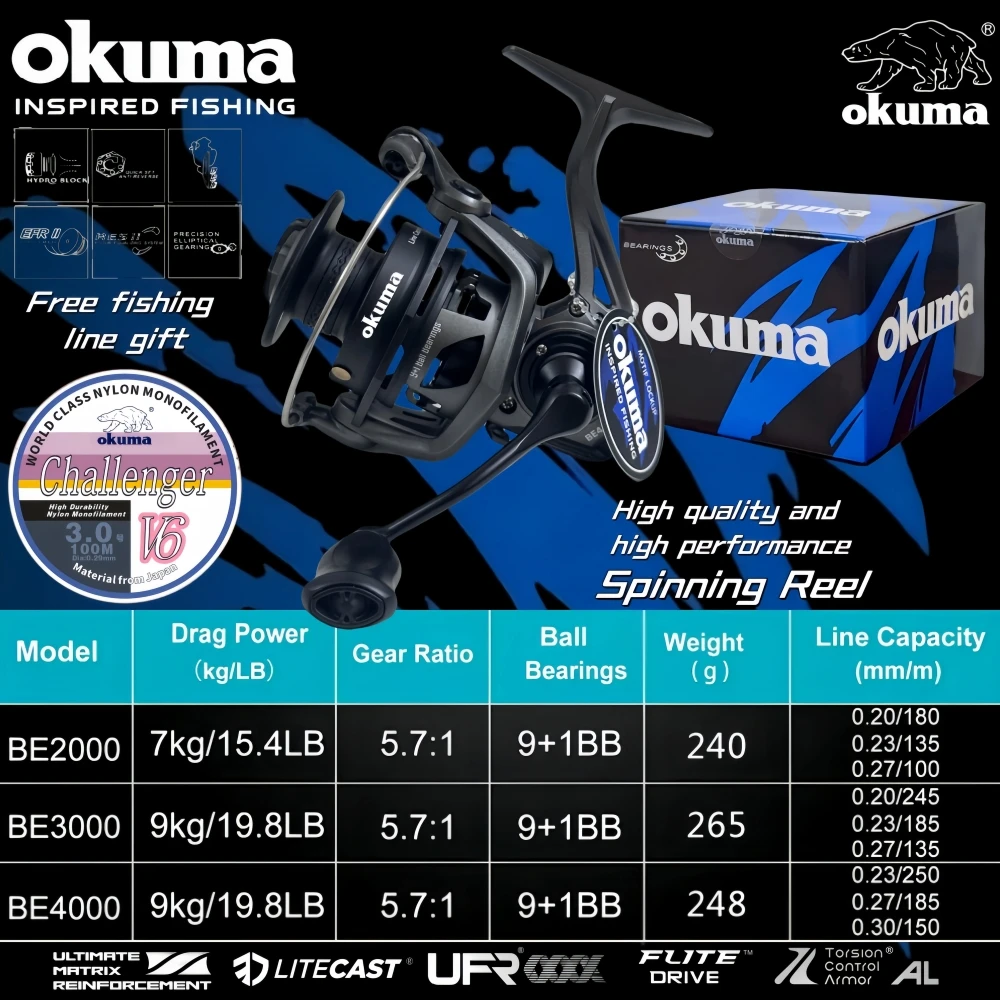 Imagem -06 - Okuma Carretilhas Giratórias Relação de Alta Velocidade sem Lacunas Be20004000 Carretilhas de Pesca 10kg de Arrasto Máximo Mais Rolamento Relação de Velocidade 5.7:1 de Alta Qualidade