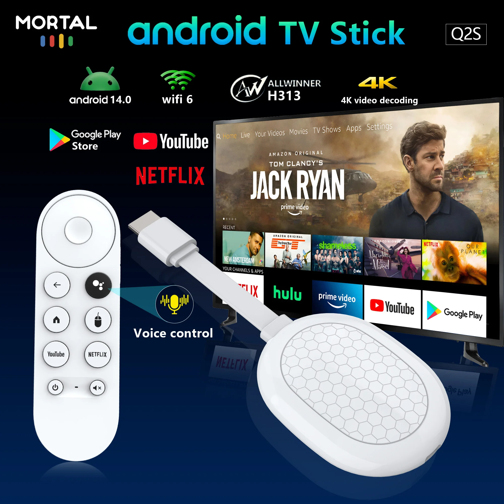 عصا تلفزيون Mortal Q2S تعمل بنظام Android 14 مع خاصية التحكم الصوتي وWiFi6 وبث تلفزيوني مباشر مجاني وعصا تلفزيون 4K HDR Allwinner H313 وNetflix وYouTube