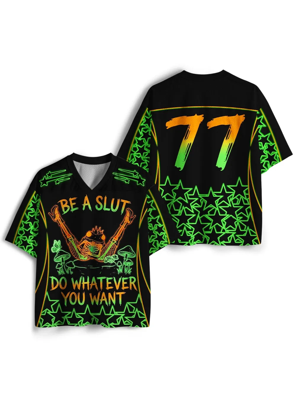 Camiseta de manga corta con diseño de calavera de neón y rana, verde y naranja, con estampado de hongo y estrella, estilo psicodélico Y2K, alternativo, hip-hop, deportivo y urbano.