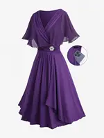 Plus Size Ruched Panel Dress Flowers Print Chiffon Ruffles Split Hem Layered Casual Elegant Women's Maxi Dresses Vestido - Image 2