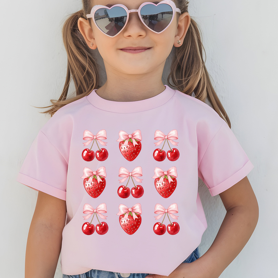  Love you Cherry much Print 100% Cotton Cloths Children’s Base Girl Comfortable T-shirt Outdoor O-neck Short Sleeve T-shirt 