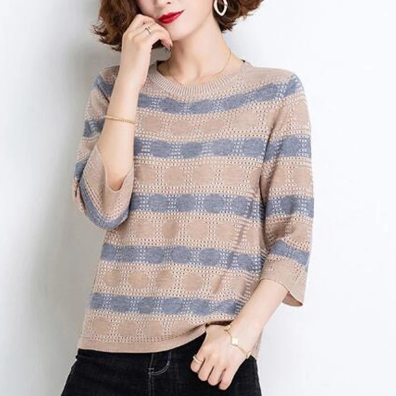 spring autumn Korean style ice silk striped print loose sweater women 3/4 sleeve casual fashion knitting pullover female clothes